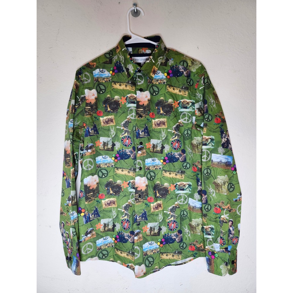 John Lennon Button Down Shirt Mens Medium Green Peace Anti-War Collage Print